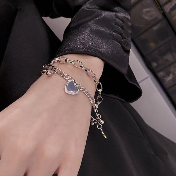 Pulseras de corazón de cadena de eslabones de doble capa para mujer
