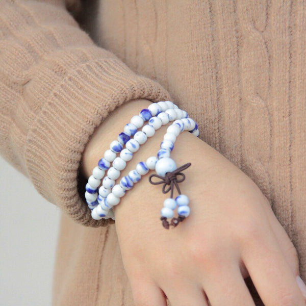 Pulsera de cuentas de cerámica de porcelana azul y blanca