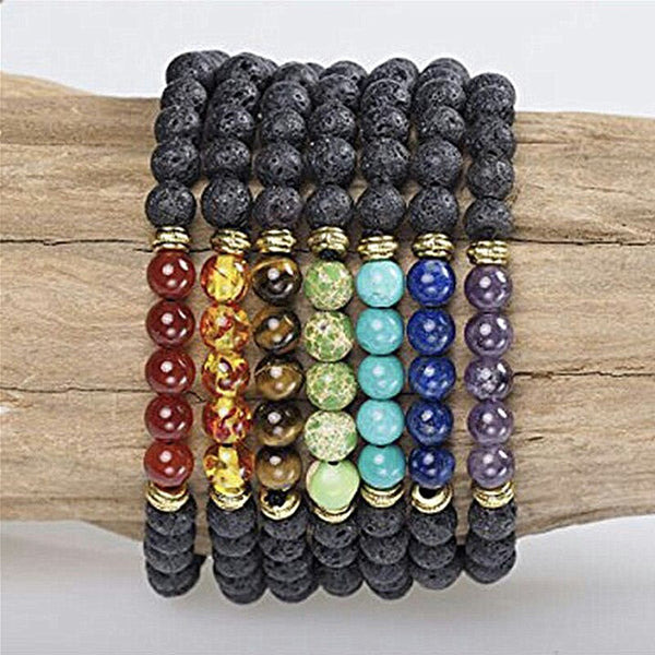 Pulsera de 7 chakras con cuentas de roca volcánica de 8 mm