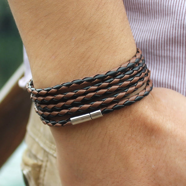Nueva pulsera de cuero de 5 capas con hebilla giratoria y cuerda redonda