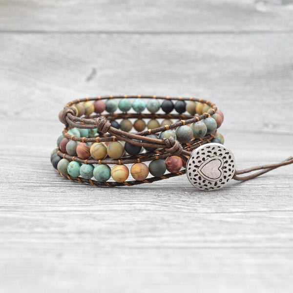 Pulseras de cuero bohemias con cuentas de piedra de 6 mm